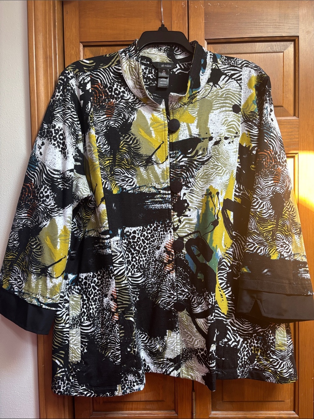 Ali Miles Black, Yellow & White Abstract Print Blazer Jacket